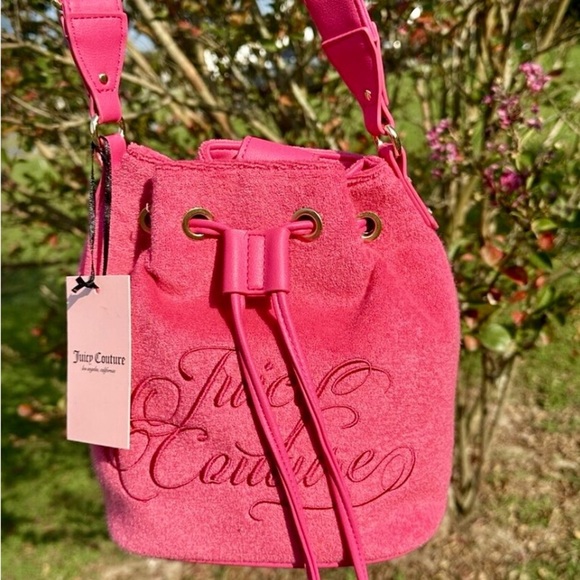 NWT Y2K Juicy Couture Pink Shoulder Beach Terry Cloth Bag with Drawstring - Picture 1 of 8
